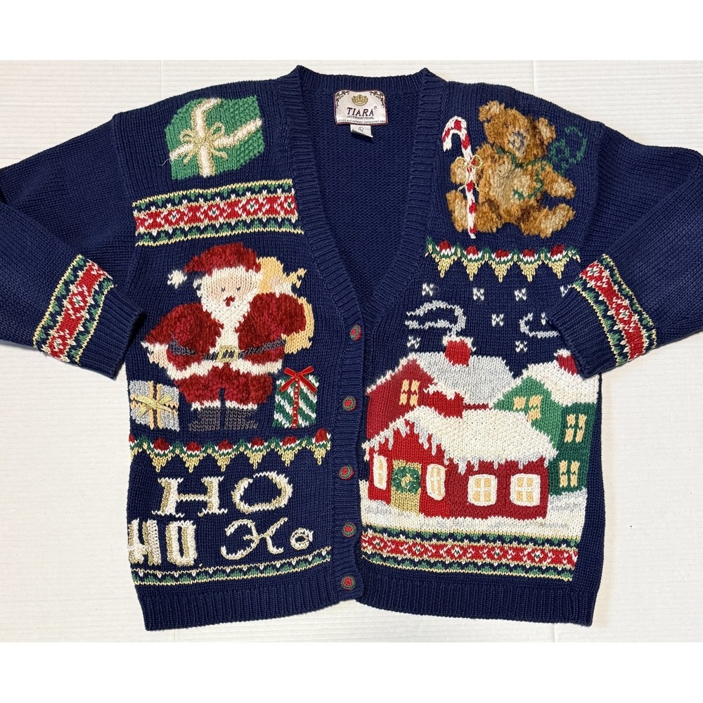 TIARA INTERNATIONAL - Women's Vtg Christmas Santa Cozy Cardigan Sweater - Large